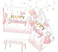 Shein 1 Pieza Mantel de mesa de cumpleaños con globos rosas, decoración de fiesta de cumpleaños de princesa con borde dorado rosa, para mesas rectangulares,