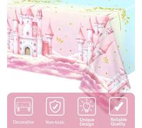 Shein 1 pieza, Mantel de mesa de plástico desechable de gran tamaño con temática de castillo de princesa rosa, falda de mesa con elemento de castillo rosa,