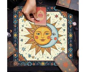 Shein 1 pieza Mantel de mesa elegante con diseño de sol y luna, mandala, cielo estrellado, para altar, brujería, astrología, mantel negro de oráculo y tarot