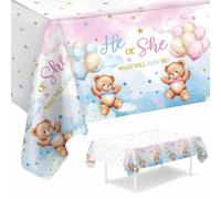 Shein 1 pieza Mantel de oso de peluche para revelación de género, Mantel desechable de PE de 220x130cm impreso con el texto "Él o Ella", adecuado para la de