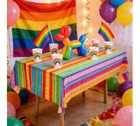 Shein 1 pieza Mantel de PE a rayas arcoíris, Mantel de PE para decoración de fiesta del Mes del Orgullo, Cubierta de mesa con tema LGBTQ, Decoración de mesa