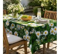 Shein 1 pieza Mantel de poliéster, Camino de mesa impreso con margaritas y hierba, Cubierta de mesa resistente a las arrugas e impermeable, Adecuado para re