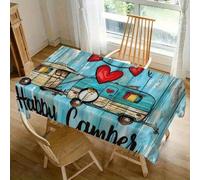 Shein 1 pieza Mantel de Poliéster con diseño de "Happy Camper" y tablón de madera rústica - Diseño de corazón "Happy Camper", estampado retro de caravana, m