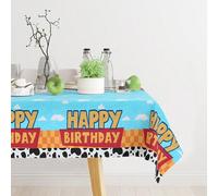 Shein 1 pieza Mantel desechable de PE con estilo de vaca y cielo azul con nubes blancas para fiesta de cumpleaños, camino de mesa que decora perfectamente l