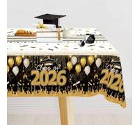 Shein 1 pieza Mantel desechable para graduación, Felicitaciones a la Clase de 2026, Mantel de plástico con patrón de globos negro y dorado adecuado para dec