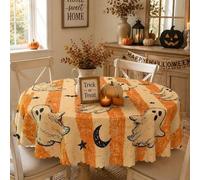 Shein 1 pieza Mantel redondo de Halloween Truco o con Fantasma, Mantel a rayas naranja y beige con Luna Estrella Calabaza, Estilo Granja Decoración Otoñal d