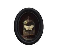 Shein 1 pieza Marco retro gótico 3D con lema - Decoración de pared ovalada, fondo oscuro, arte lineal negro de hipopótamo, luciérnagas en el campo de noche,