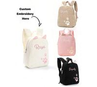 Shein 1 pieza Mochila infantil bordada personalizada de pana con lindo diseño de huella de dibujos animados, bordada con su nombre exclusivo, adecuada para
