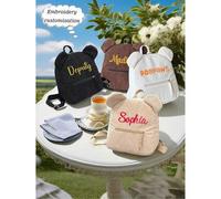 Shein 1 pieza Mochila personalizada de mujer de terciopelo bordado. Mochila de viaje minimalista casual de pana de unicolor. Ligera, de moda, bolso de mujer