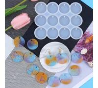 Shein 1 pieza Molde de resina de joyería redondo de 12 cavidades, molde de silicona plano y transparente para colgantes redondos de resina con orificio para