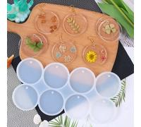 Shein 1 pieza Molde de resina de joyería redondo de 8 cavidades, molde de silicona plano y transparente para colgantes redondos de resina con orificio para
