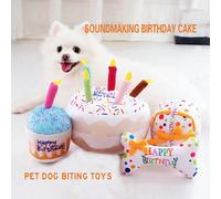 Shein 1 pieza Muñeco de peluche de tarta con efectos de sonido para morder de mascotas, muñeco para masticar para celebración de cumpleaños de perro/gato, d