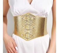 Shein 1 pieza Nuevo cinturón de mujer de piel de serpiente dorada de PU, versátil para vestidos, trajes, ropa casual, ciñe la cintura, accesorio de moda