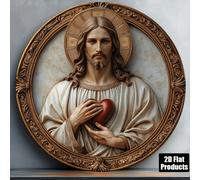 Shein 1 pieza Obra de arte de pared redonda de metal con tema del Sagrado Corazón de Jesús vintage, 8x8 pulgadas - Impresión de alta definición, adecuada pa