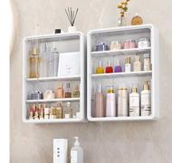 Shein 1 pieza Organizador de maquillaje montado en la pared sin taladro con estantes extraíbles, caja de almacenamiento de cosméticos multifuncional, acceso