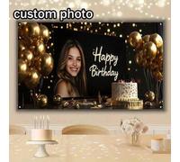 Shein 1 pieza Pancarta de cumpleaños personalizada, foto personalizada, patrón de globos negro y dorado, adecuada para decoración de pórtico, celebración y