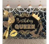 Shein 1 pieza Pancarta de fondo negro con estampado de leopardo para el cumpleaños de la reina, diseño con corona dorada, estampado de labios, tacones altos