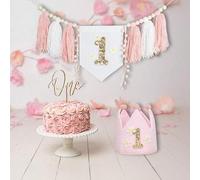 Shein 1 pieza Pancarta de silla alta para el 1er cumpleaños con margaritas - Pancarta con borlas de tul rosa, corona floral para pastel de huevo de colores