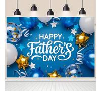 Shein 1 pieza Pancarta del Día del Padre con globos azules y dorados vibrantes y fondo de fuegos artificiales, adecuada para decoración interior/exterior, o