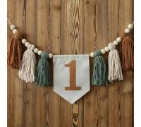 Shein 1 Pieza Pancarta para silla alta de cumpleaños con borla de color verde y marrón, guirnalda y corona de flores para decoración de fiesta de cumpleaños