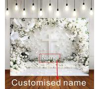 Shein 1 pieza Pancarta personalizable con nombre, Mi Primera Comunión, fondo blanco, cruz blanca y patrón floral, bautizo personalizado, adecuado para boda,