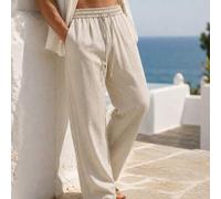 Shein 1 pieza Pantalones con pierna acampanada tipo lino para hombres, corte holgado, cintura con cordón, tela transpirable y ligera, estilo casual de playa