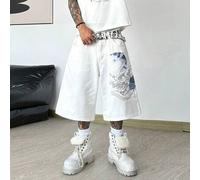 Shein 1 pieza Pantalones cortos casuales de mezclilla negra de corte holgado con bordado único de Koi de Hermano de Justicia, bermudas de moda y cómodas (si
