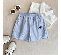 Shein 1 pieza Pantalones cortos casuales elegantes con rayas tejidas para niños pequeños, con bolsillos, pierna recta, ligeros y cómodos, versátiles para sa