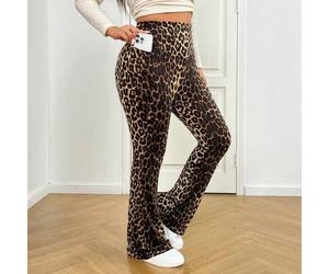 Shein 1 pieza Pantalones de talla grande para mujer con estampado de leopardo, cintura elástica alta y bolsillos
