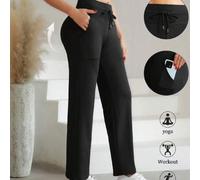 Shein 1 pieza Pantalones de yoga de pierna ancha para mujer, mallas elásticas de cintura alta con bolsillos, pantalones casuales cómodos desde talla pequeña