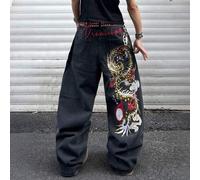 Shein 1 pieza Pantalones vaqueros de mezclilla negra de marca de nicho con bordado de Hermano de la Justicia, pantalones anchos de moda casuales y cómodos (