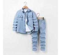 Shein 1 pieza Pantalones vaqueros de preadolescente de lavado claro con cintura elástica + cadena falsa + pierna ancha de ajuste relajado, estilo de ropa ca