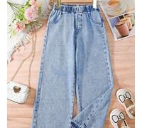 Shein 1 pieza Pantalones vaqueros para niñas preadolescentes, vaqueros claros/medios/oscuros casuales de pierna recta con cintura elástica y bolsillos falso