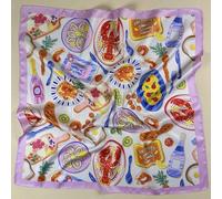 Shein 1 pieza Pañuelo de seda elegante para mujer con estampado de langosta, camarón, frutas y pasta de mariscos, accesorio para el cabello tipo pañuelo de