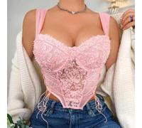 Shein 1 pieza Parte superior tipo corset ajustada con estética Y2K, efecto picante y dulce, de malla con anillos de acero y cordón, con estampado floral dim