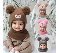 Shein 1 pieza Pasamontaña de esquí con bordado de oso negro para recién nacidos de 0 a 8 años, gorro de bebé con doble bola para niños y niñas, gorros de in