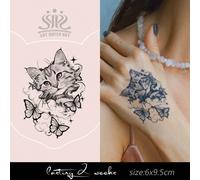 Shein 1 pieza Pegatina de tatuaje mágico temporal semi-permanente de jugo de hierbas, patrones de gato y mariposa, impermeable y no reflectante de 7 a 14 dí
