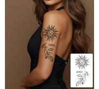 Shein 1 pieza Pegatina de tatuaje temporal "AMOR" con diseño de sol vintage lavable, tatuaje falso grande de estilo Mori para el brazo, puede durar de 2 a 3
