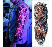 Shein 1 pieza Pegatina de tatuaje temporal que brilla en la oscuridad, diseño de rayas de tigre y rayos para todo el brazo, pegatina de tatuaje fluorescente