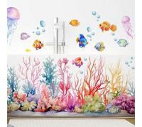 Shein 1 pieza Pegatina de vinilo impermeable y extraíble con elementos marinos como medusa, pez, concha y tortuga, para decoración de baño, tapa del inodoro