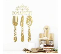 Shein 1 pieza Pegatinas con cita "Bon Appetit" Calcomanía de pared con diseño de cuchillo, tenedor y cuchara en color negro/dorado para decoración de cocina