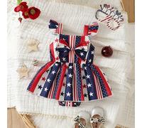 Shein 1 pieza Pelele casual para niñas pequeñas con estampado de rayas y estrellas de 4 de julio, lazo y mangas con volantes, adecuado para uso al aire libr