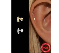 Shein 1 pieza Pendiente de cartílago con respaldo plano de plata de ley S925 y circonita cúbica, hipoalergénico, joyería de boda y novia apilable, unisex pa