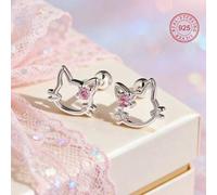 Shein 1 pieza Pendientes de botón con diseño de oreja de gato de plata de ley 925 hipoalergénicos, incrustados con circonia deslumbrante, soñadores y dulces
