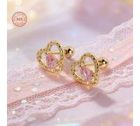 Shein 1 pieza Pendientes de botón de plata de ley 925 con bajo contenido alergénico, incrustados con circonita cúbica rosa, soñadores y dulces, empaquetados