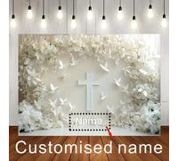 Shein 1 Pieza Personalizable con Nombre, Mi Primera Comunión, Fondo Blanco Liso, Diseño Floral con Cruz Blanca y Pájaros, Personalización de Nombre para Bau