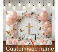 Shein 1 Pieza Personalizable con Nombre, Mi Primera Comunión, Fondo Rosa, Diseño con Cruz Rosa, Globo Dorado, Mariposa y Flores, Banner Decorativo de Vinil