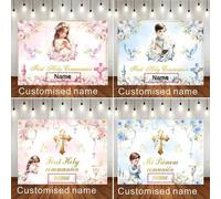 Shein 1 pieza Personalizado "Mi Primera Comunión" Fondo floral Biblia Cruz Cáliz Diseño de nombre personalizado Decoración Boda Smash Cake Fiesta Pancarta d