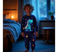 Shein 1 pieza Pijama ajustado con estampado de dinosaurio y espacio que brilla en la oscuridad para niños pequeños, incluye top de manga larga y pantalones,