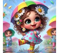 Shein 1 pieza Pintura de diamantes de una niña jugando bajo la lluvia, pintura decorativa de bricolaje con rhinestones para la decoración de la sala de esta